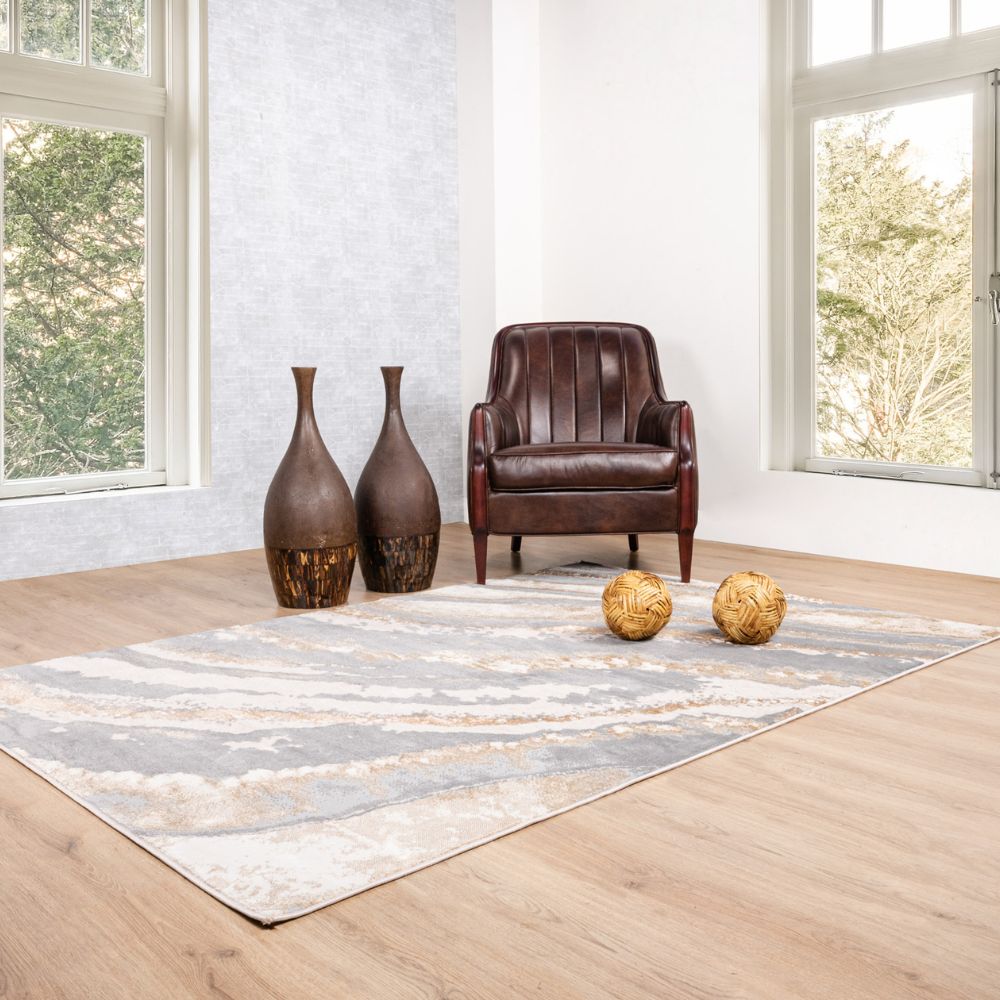 Tapete colección Terra T9038 rectangular de poliéster y polipropileno en tono crema oro