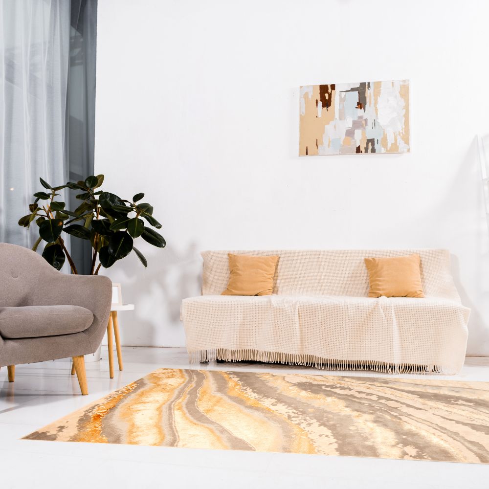 Tapete colección Terra T9038 rectangular de poliéster y polipropileno en tono crema oro