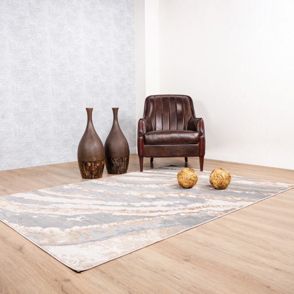Tapete colección Terra T9038 rectangular de poliéster y polipropileno en tono crema oro