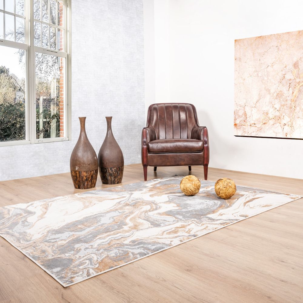 Tapete decorativo colección Terra T9040 rectangular en poliéster y polipropileno color crema oro