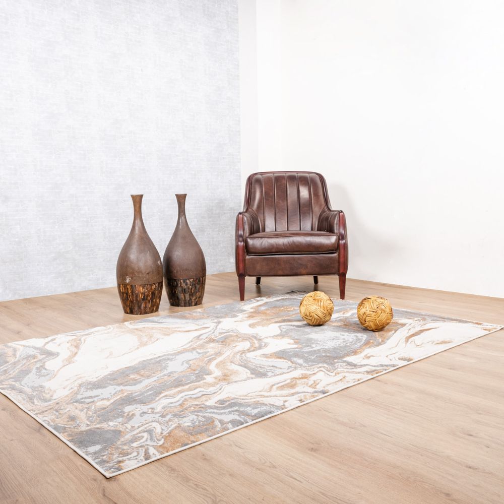 Tapete decorativo colección Terra T9040 rectangular en poliéster y polipropileno color crema oro
