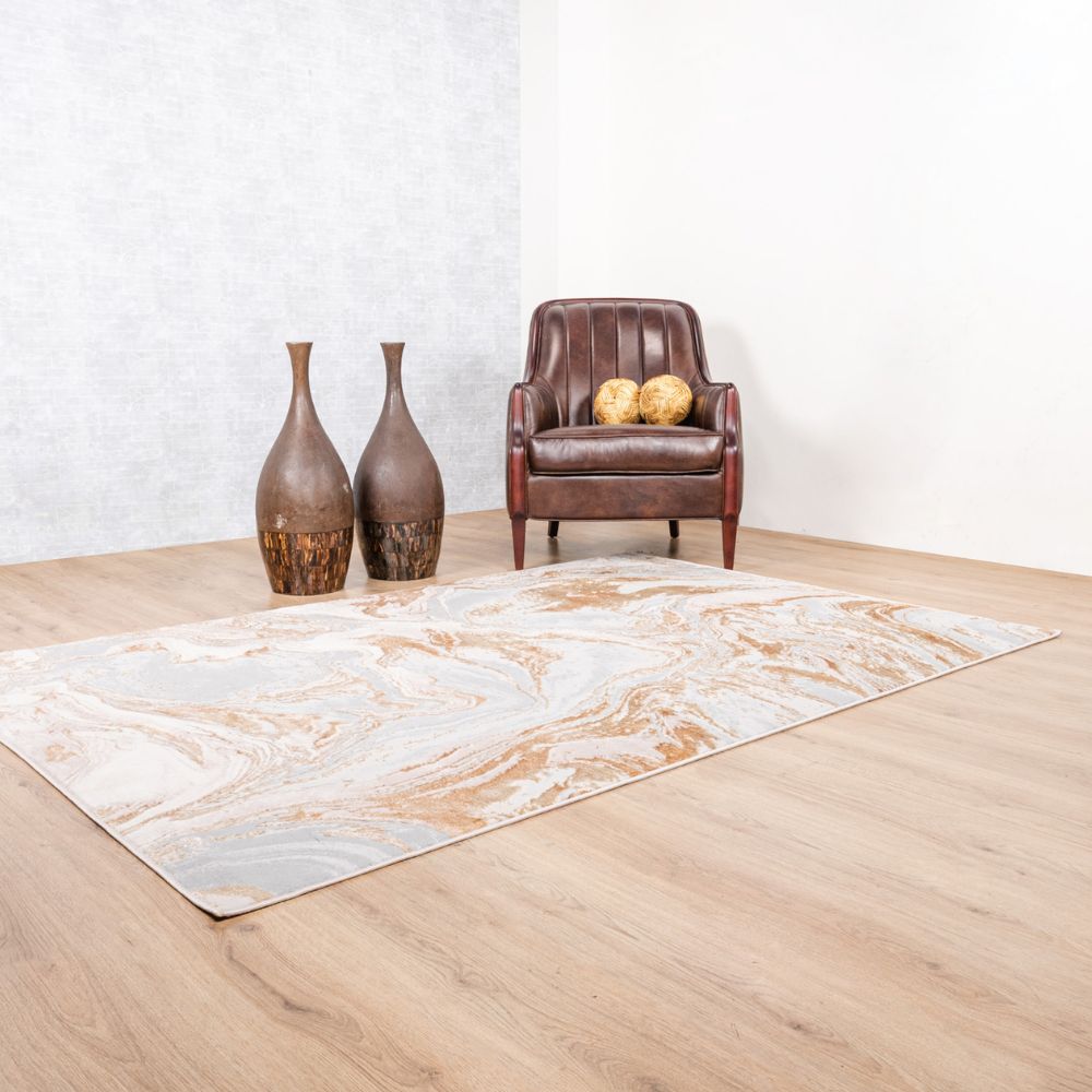 Tapete decorativo Terra T9041 rectangular de poliéster y polipropileno en crema y oro