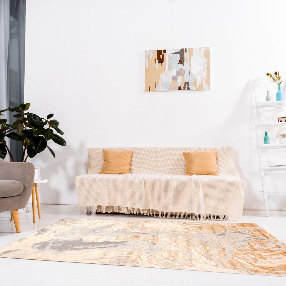 Tapete decorativo Terra T9041 rectangular de poliéster y polipropileno en crema y oro
