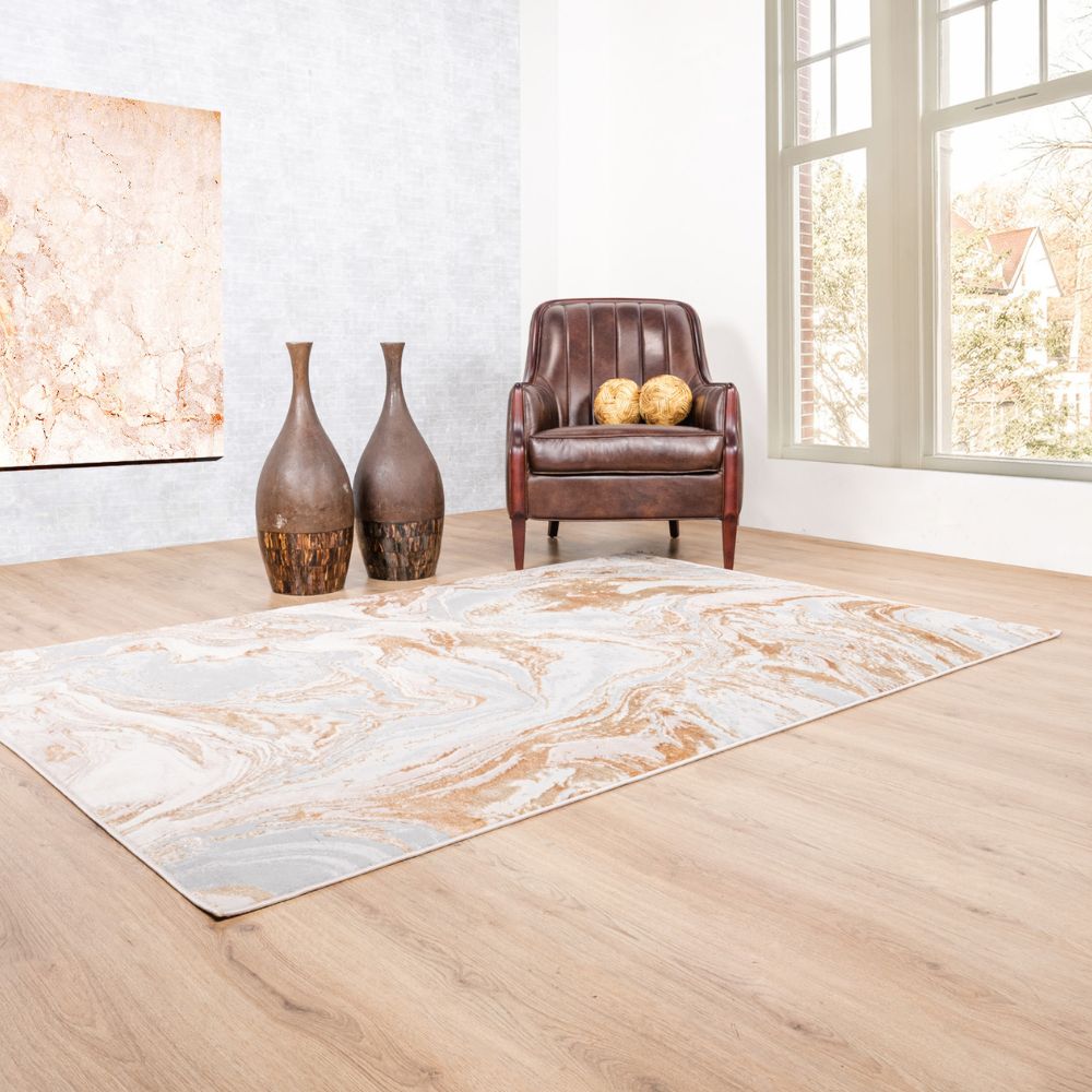 Tapete decorativo Terra T9041 rectangular de poliéster y polipropileno en crema y oro