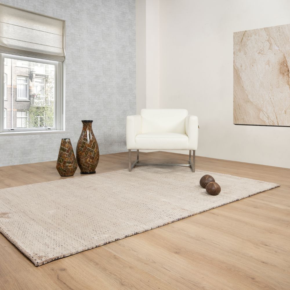 Tapete decorativo colección Thane rectangular en viscosa y lana oro gris de pelo corto