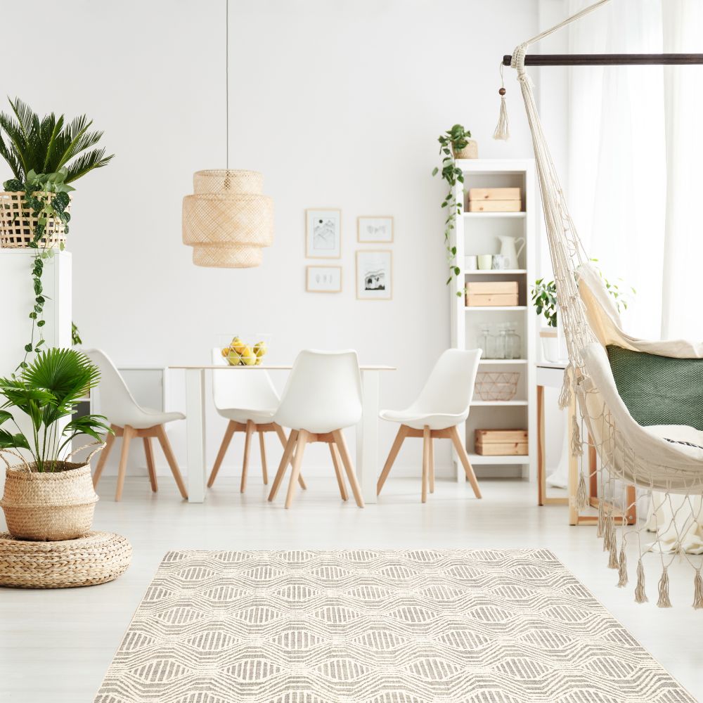 Tapete decorativo colección Vani rectangular en lana y algodón gris crema de pelo corto