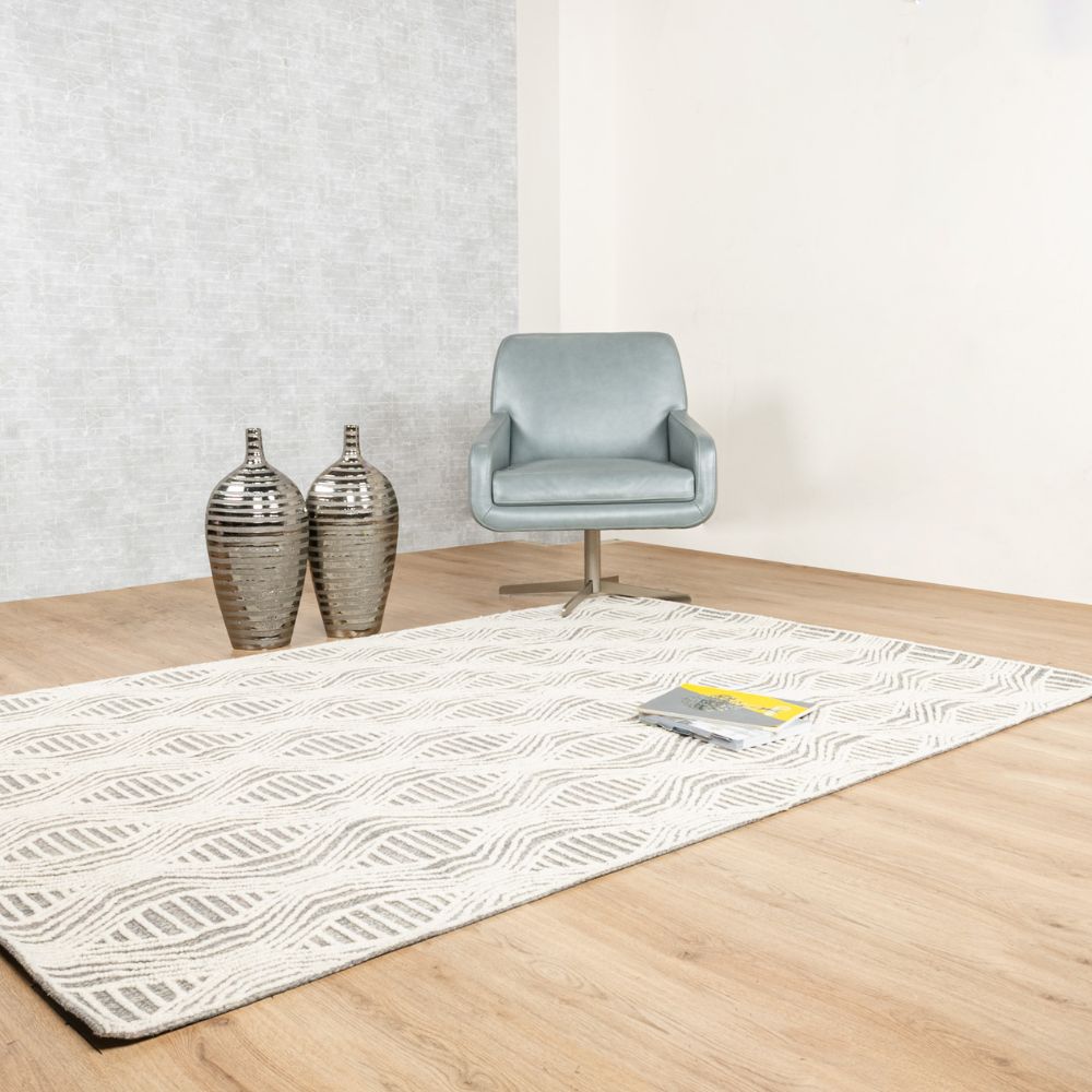 Tapete decorativo colección Vani rectangular en lana y algodón gris crema de pelo corto
