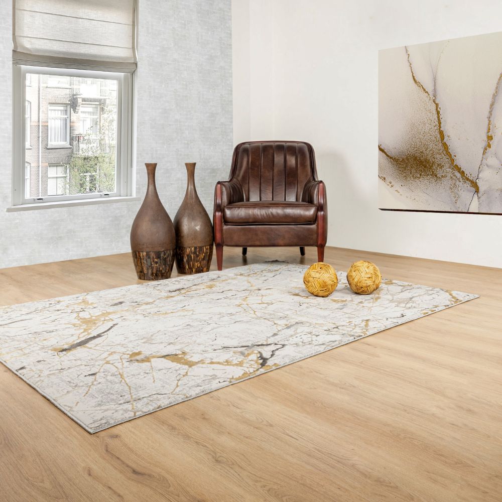 Tapete decorativo Zaria T2187 de poliéster en gris y crema, formas rectangular y circular